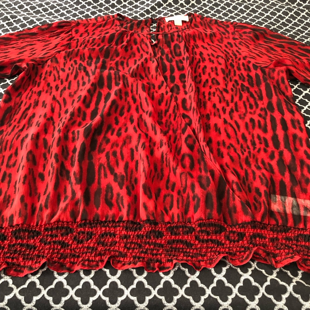 Michael Kors Sheer Blouse XL Red Leopard Cheetah Animal Print Top Stretch H26